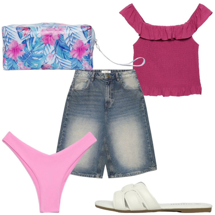 Outfit donna - Terranova - Summer Essentials. Stile Trendy per Mare. Abbinamento con valigie, pantaloni corti, ciabatte, top, bikini.