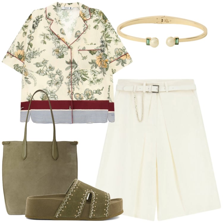 Outfit donna - Casual. Stile Casual per Tutti i giorni. Abbinamento con camicie a manica corta, bermuda, borse tote, braccialetti, ciabatte.