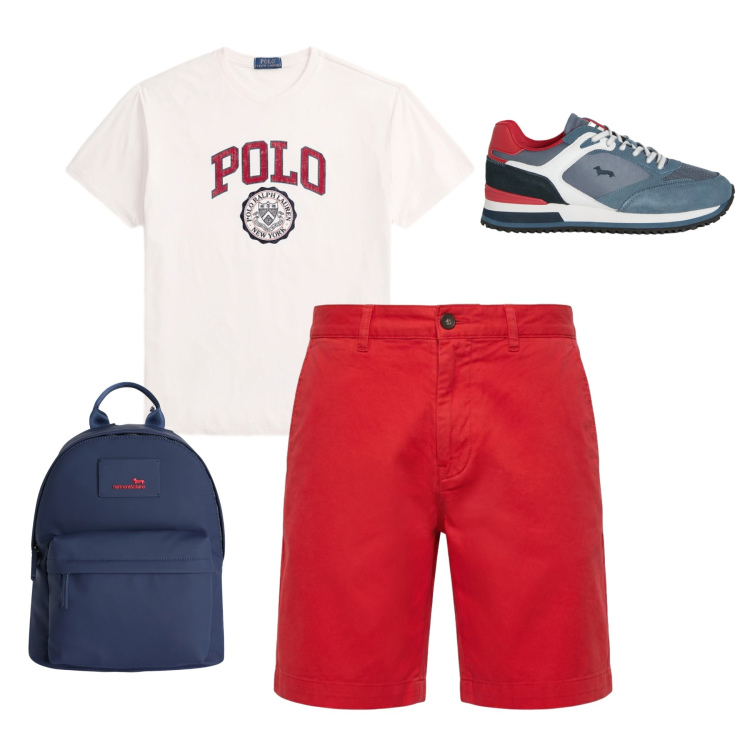 Outfit uomo - Campus Vibes. Stile Business/Elegante per Tutti i giorni. Abbinamento con borse sportive, pantaloni corti, sneakers, t-shirt.