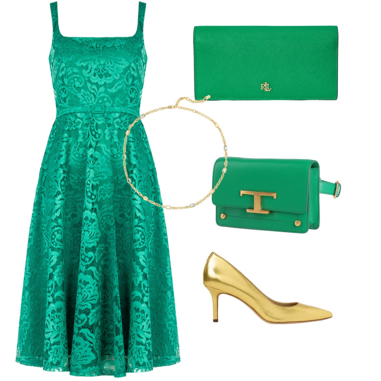 Outfit donna - Oro & Smeraldo. Stile Vintage retrò per Cerimonia. Abbinamento con marsupi, vestiti midi/longuette, portafogli, décolleté, collane.