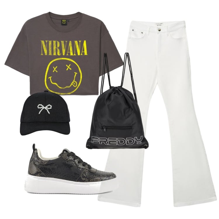 Outfit donna - Rock in White. Stile Rock per Scuola/Università. Abbinamento con t-shirt, cappelli con visiera, jeans a zampa, zaini, sneakers.