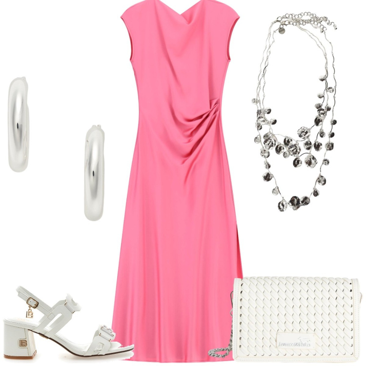 Outfit donna - Total look #2428578. Stile Chic per Tutti i giorni. Abbinamento con vestiti midi/longuette, collane, borse a tracolla, orecchini, sandali col tacco.