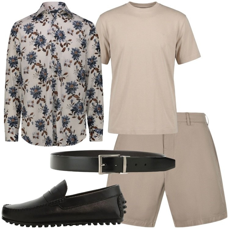 Outfit uomo - Camicia e t-shirt. Stile Trendy per Serata speciale. Abbinamento con t-shirt, bermuda, camicie, scarpe stringate, cinture.
