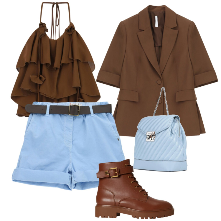 Outfit donna - Safari in Azzurro. Stile Casual chic per Serata fuori. Abbinamento con zaini, anfibi, shorts, blazer, top.