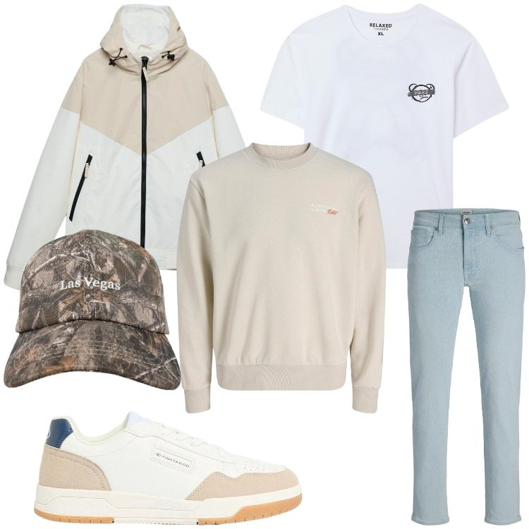 Outfit uomo - Vacanza in montagna. Stile Casual per Tutti i giorni. Abbinamento con jeans slim fit, sneakers, felpe, t-shirt, giacche sportive, cappelli con visiera.