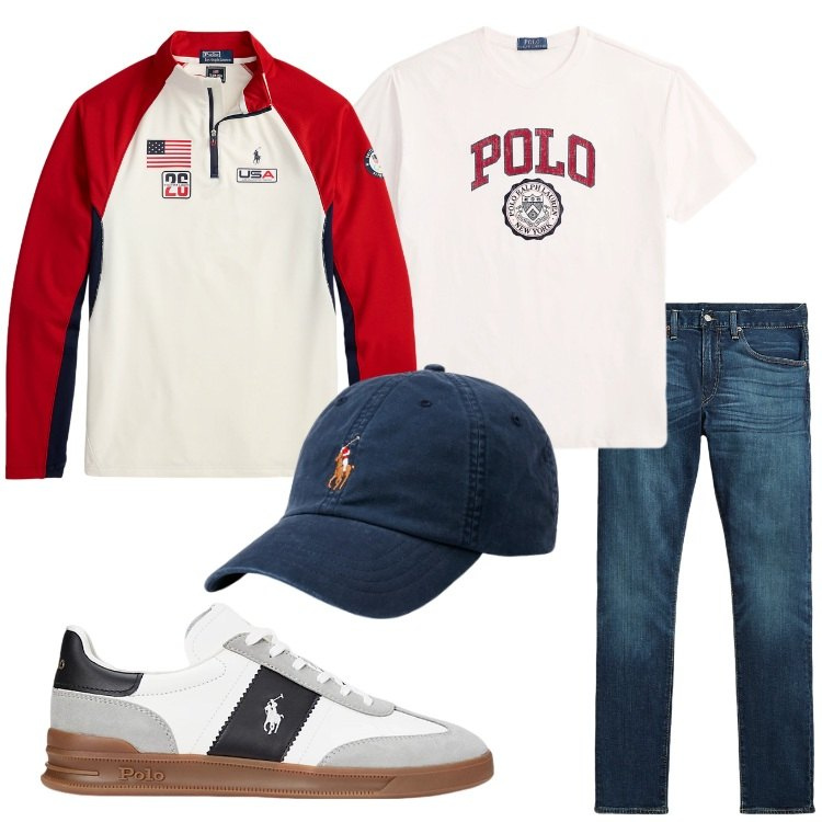 Outfit uomo - Preppy style by Ralph Lauren. Stile Trendy per Tutti i giorni. Abbinamento con cappelli, sneakers, jeans, pullovers, t-shirt.
