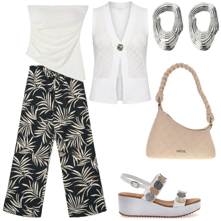 Outfit donna - Summer style. Stile Casual chic per Tutti i giorni. Abbinamento con top, pantaloni, orecchini, maglieria, sandali, borse a spalla.