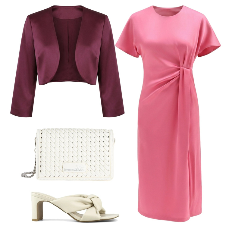 Outfit donna - La cerimonia è dolce. Stile Chic per Cerimonia. Abbinamento con borse a tracolla, vestiti asimmetrici, bolero, sandali col tacco.