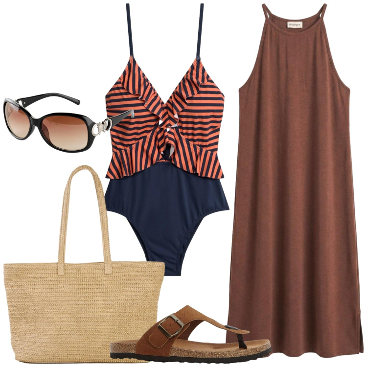 Outfit donna - Total look #2428597. Stile Glamour per Mare. Abbinamento con vestiti lunghi, costumi interi, infradito, shopping bag, occhiali da sole.