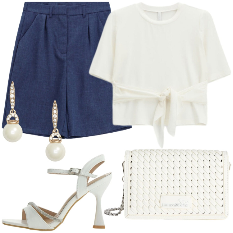 Outfit donna - T-shirt mania. Stile Casual chic per Tutti i giorni. Abbinamento con borse a tracolla, orecchini, t-shirt, sandali gioiello, bermuda.