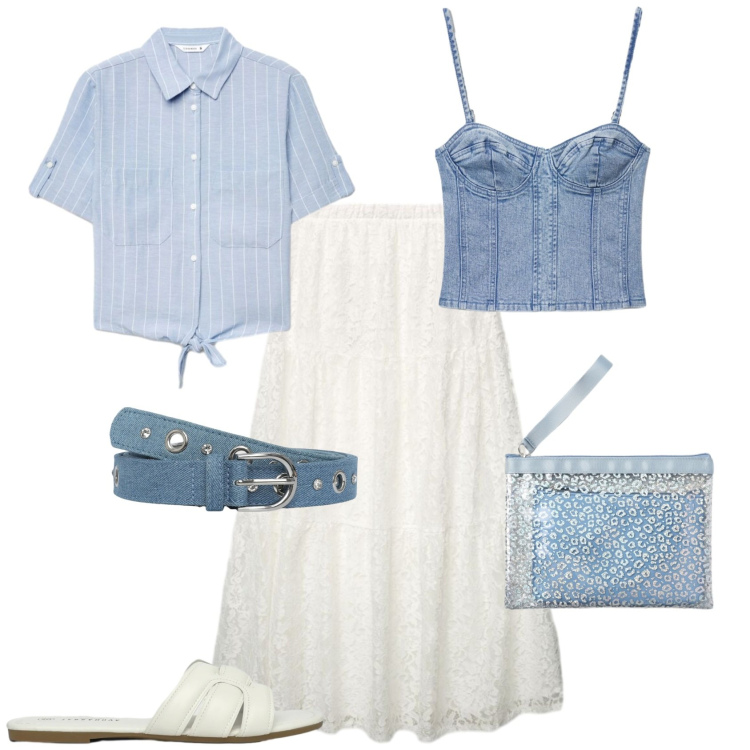 Outfit donna - Casual chic ufficio tempo libero. Stile Casual chic per Tutti i giorni. Abbinamento con gonne lunghe, top, pochette, ciabatte, cinture, camicie a manica corta.