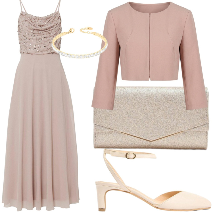 Outfit donna - Cerimonia in rosa. Stile Romantica per Cerimonia. Abbinamento con vestiti, décolleté, bolero, clutch, braccialetti.
