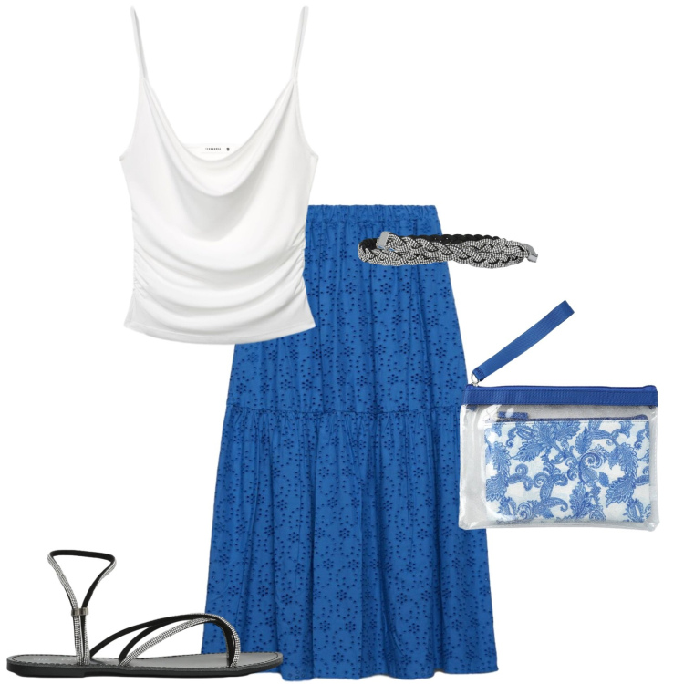 Outfit donna - Boho serata. Stile Boho per Serata fuori. Abbinamento con gonne lunghe, canottiere, sandali, pochette, cinture.
