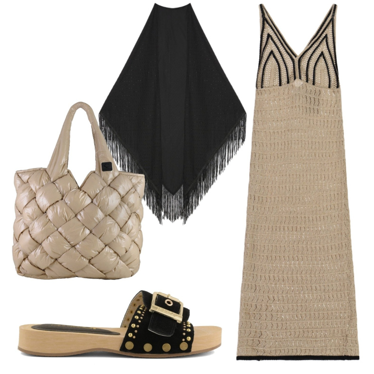 Outfit donna - Total look #2428609. Stile Casual per Tutti i giorni. Abbinamento con vestiti midi/longuette, foulard, borse tote, ciabatte.