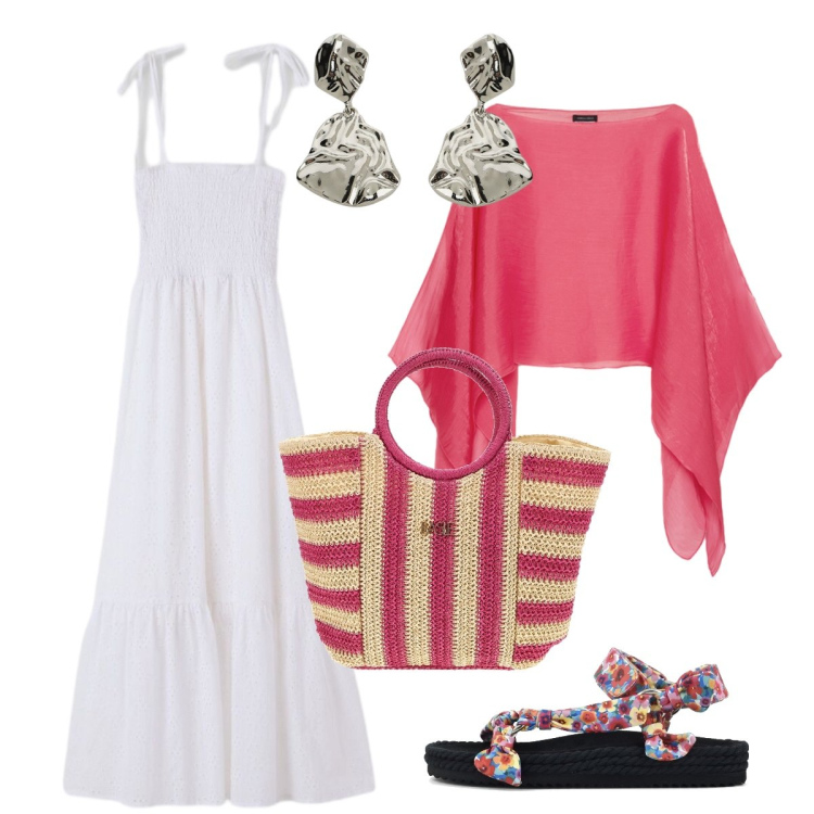Outfit donna - Serata informale. Stile Glamour per Serata fuori. Abbinamento con vestiti lunghi, orecchini, blazer, sandali, borse a mano.