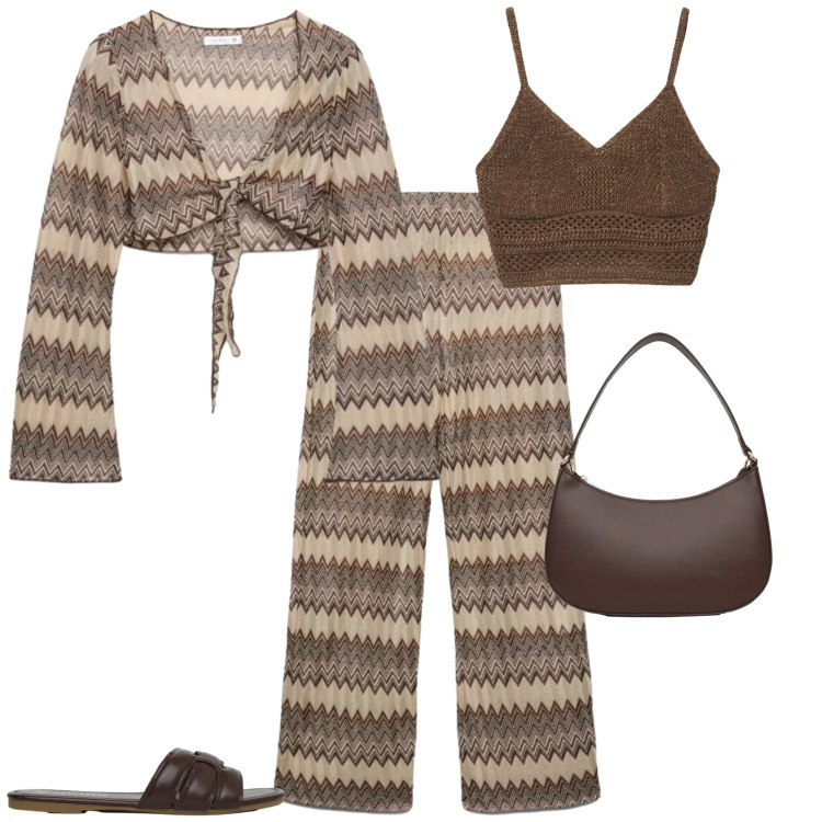 Outfit donna - Al mare. Stile Etnico per Mare. Abbinamento con top, blazer, borse a tracolla, pantaloni, ciabatte.