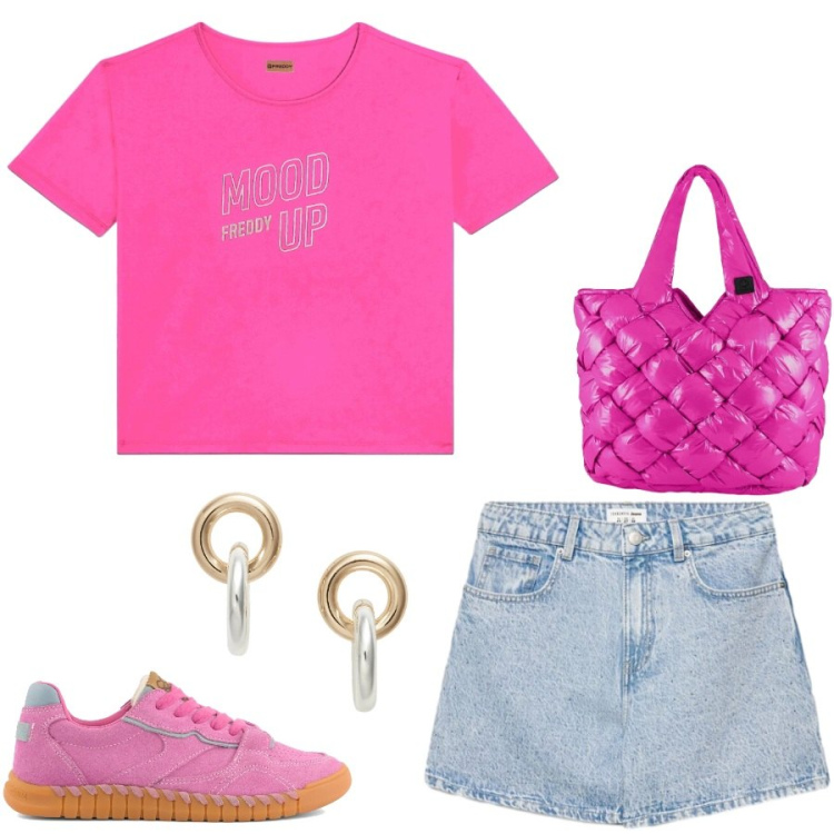 Outfit donna - Total look #2428615. Stile Casual chic per Tutti i giorni. Abbinamento con shorts, t-shirt, orecchini, borse tote, sneakers.