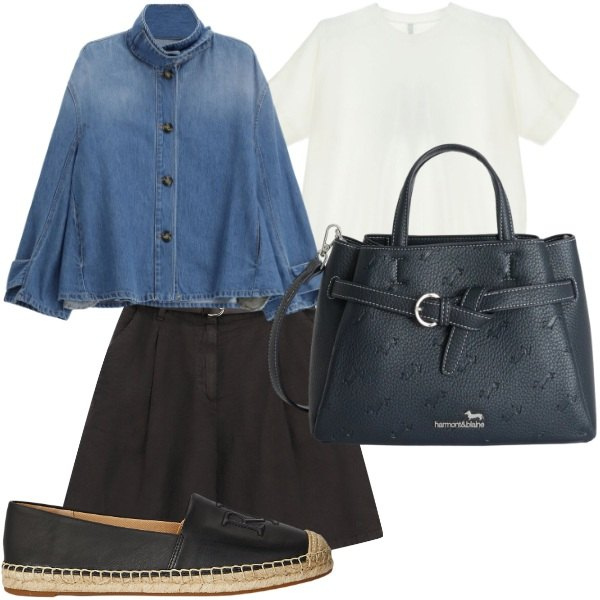 Outfit donna - casual. Stile Bon Ton per Tutti i giorni. Abbinamento con t-shirt, blazer, bermuda, borse a mano, espadrillas.