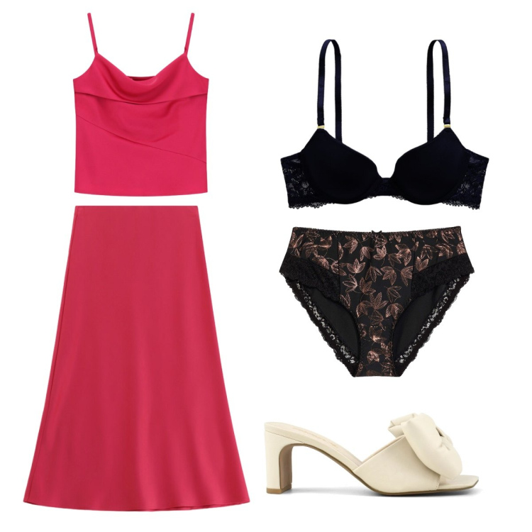 Outfit donna - Gonna e top Watermelon Pink. Stile Bon Ton per Cerimonia. Abbinamento con culotte, canottiere, gonne longuette, reggiseni, sandali col tacco.