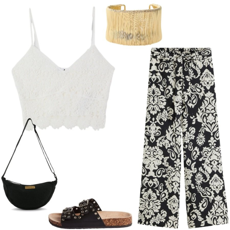 Outfit donna - Total look #2428624. Stile Casual chic per Tutti i giorni. Abbinamento con pantaloni a palazzo, ciabatte, top, braccialetti, borse a tracolla.