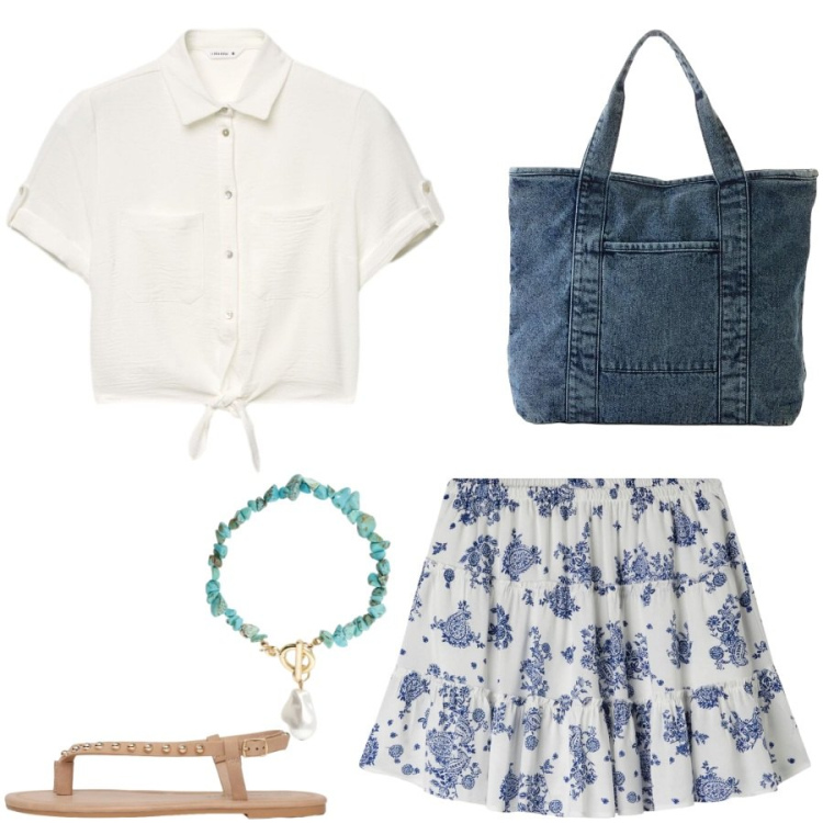 Outfit donna - Total look #2428625. Stile Casual chic per Tutti i giorni. Abbinamento con shopping bag, minigonne, camicie a manica corta, ciabatte, braccialetti.