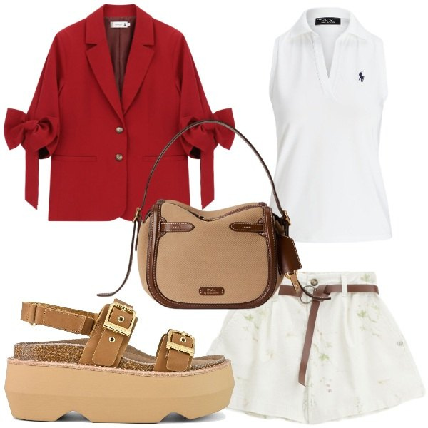 Outfit donna - Total look #2428626. per Tutti i giorni. Abbinamento con shorts, blazer, polo, borse a mano, sandali col tacco.