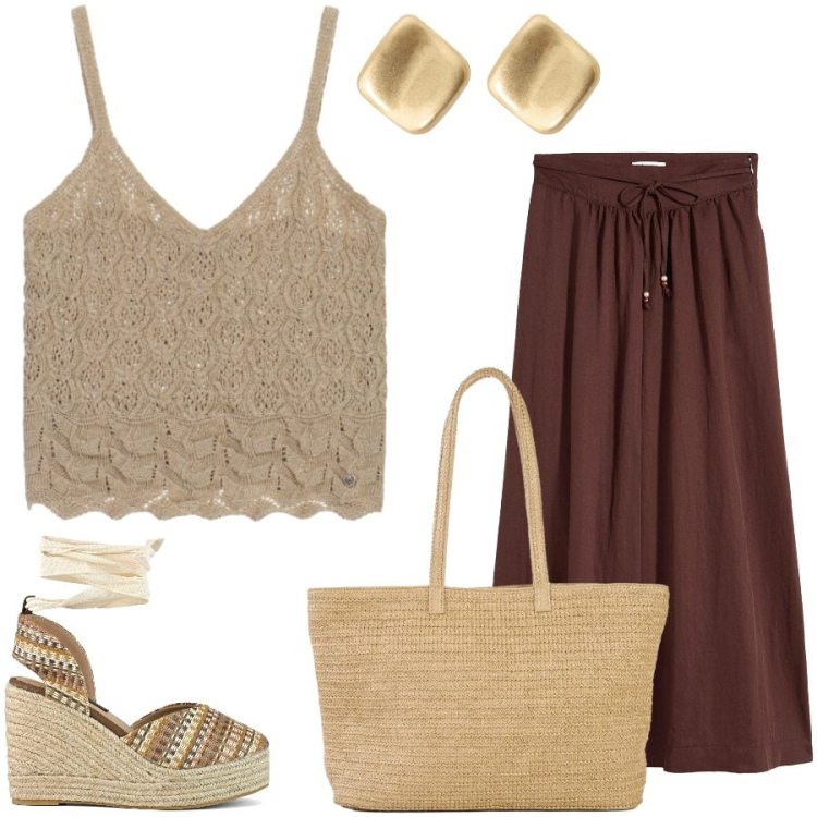 Outfit donna - Total look #2428629. Stile Casual chic per Tutti i giorni. Abbinamento con gonne lunghe, shopping bag, orecchini, maglieria, zeppe.