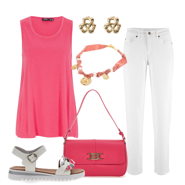 Outfit donna - Watermelon Pink. Stile Basic per Tutti i giorni. Abbinamento con jeans mom, top, orecchini, collane, borse a spalla, sandali.