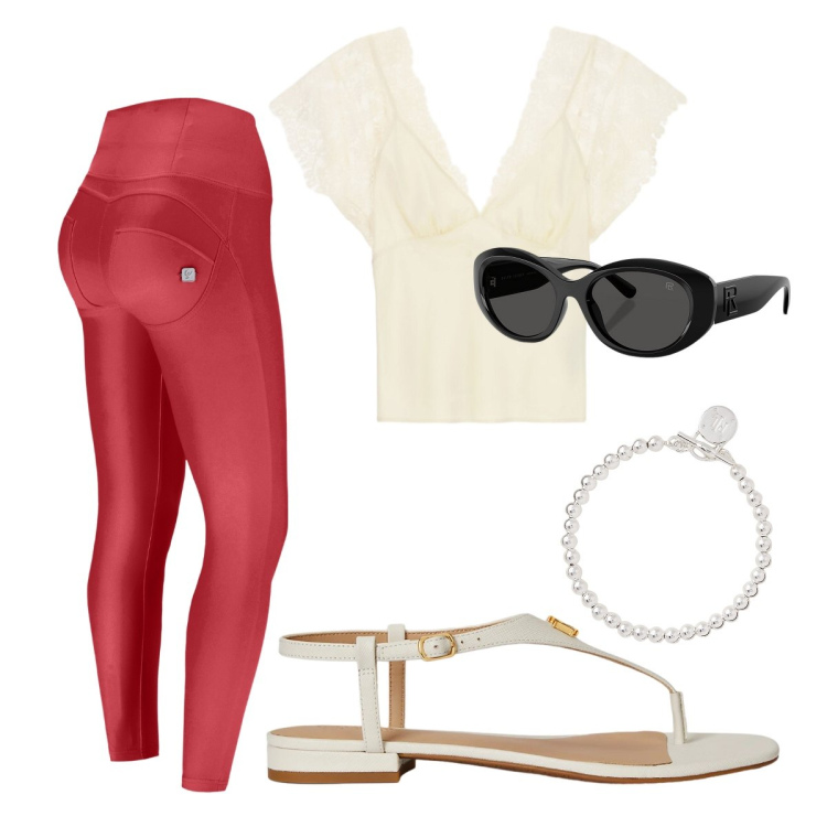 Outfit donna - Pantaloni Watermelon Pink. Stile Urban per Tutti i giorni. Abbinamento con canottiere, pantaloni skinny, braccialetti, occhiali da sole, sandali in pelle.