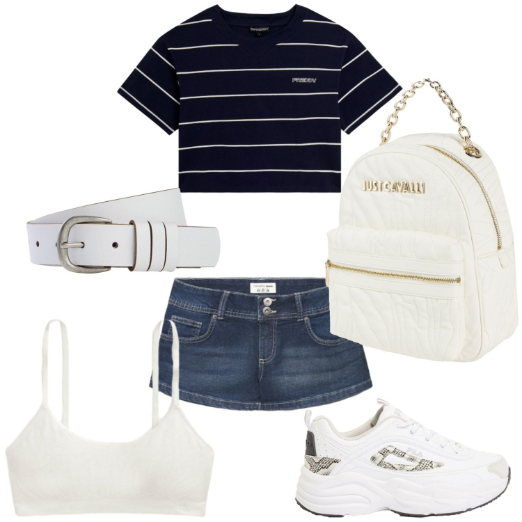 Outfit donna - Righe smart. Stile Casual per Tutti i giorni. Abbinamento con zaini, sneakers, cinture, shorts, t-shirt, reggiseni.