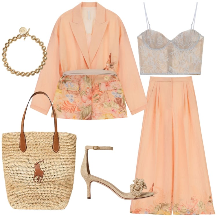 Outfit donna - Vernissage estivo. Stile Glamour per Serata fuori. Abbinamento con pantaloni a palazzo, canottiere, blazer, braccialetti, borse tote, sandali in pelle.