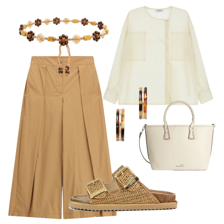 Outfit donna - Estate Bantoa. Stile Casual per Tutti i giorni. Abbinamento con shopping bag, pantaloni a palazzo, camicie, cinture, orecchini, sandali.