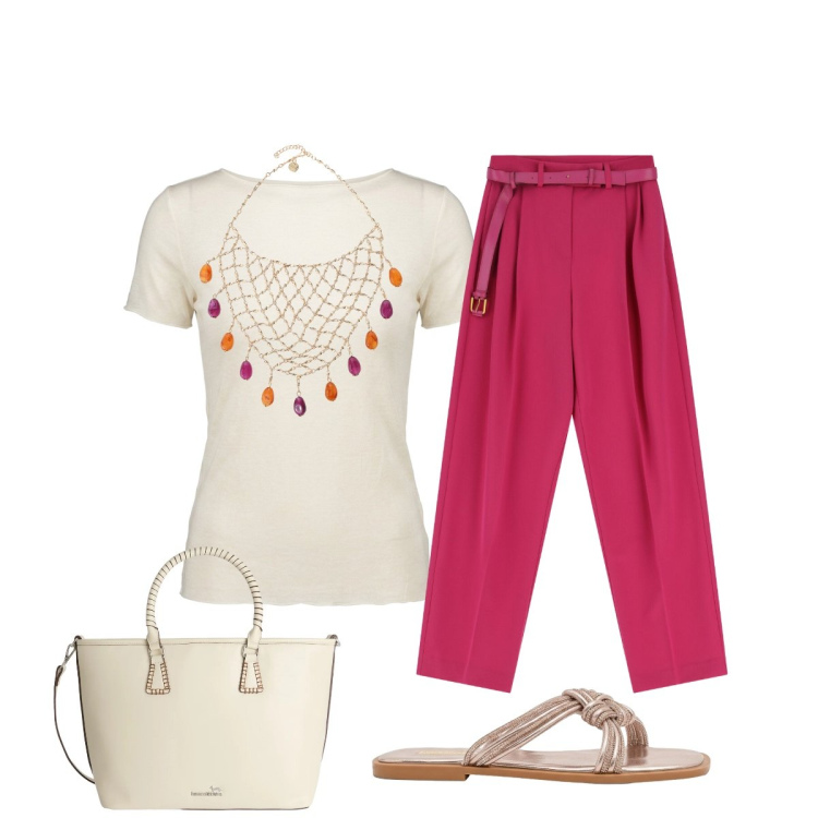 Outfit donna - In ufficio. Stile Glamour per Ufficio. Abbinamento con shopping bag, pantaloni a palazzo, sandali, collane, t-shirt.