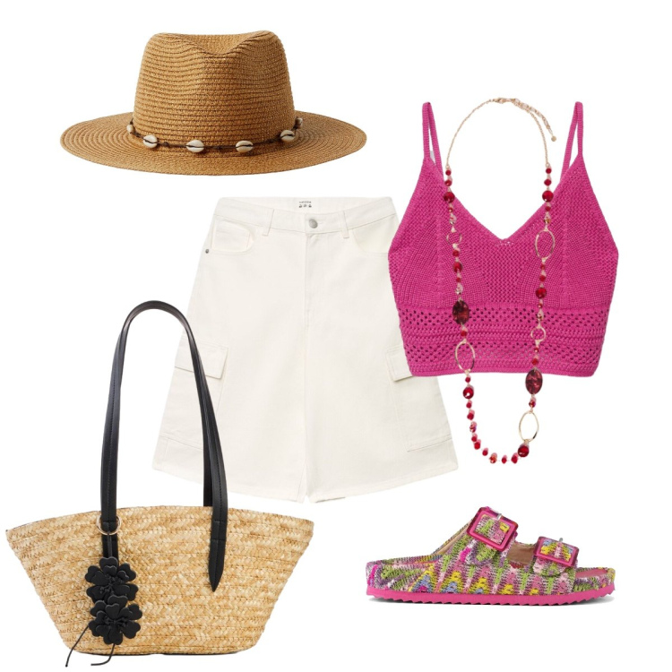 Outfit donna - Aperitivo al bar della spiaggia. Stile Glamour per Serata fuori. Abbinamento con shopping bag, pantaloni corti, top, cappelli, collane, sandali.