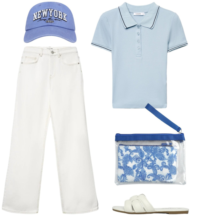 Outfit donna - Essenzialmente. Stile Basic per Tutti i giorni. Abbinamento con polo, cappelli, jeans, pochette, ciabatte.