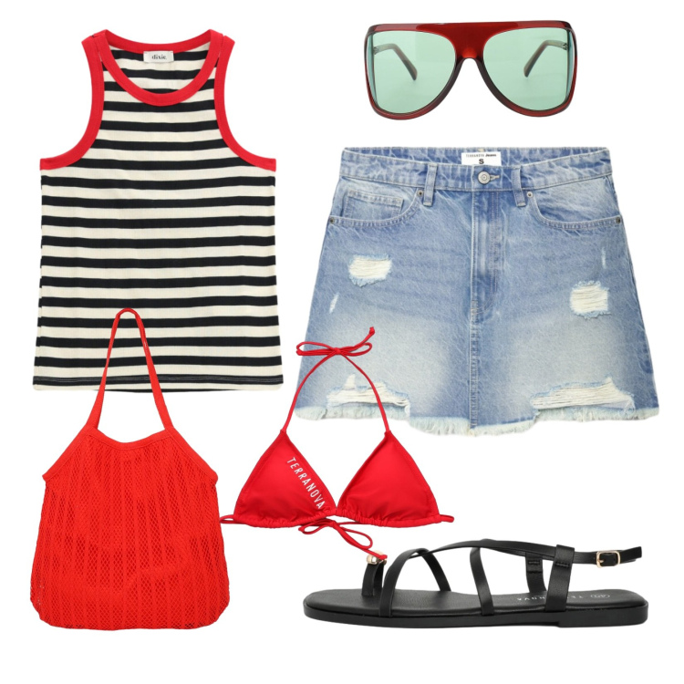 Outfit donna - Rosso e righe. Stile Casual per Mare. Abbinamento con minigonne, sandali, shopping bag, bikini, occhiali da sole, top.