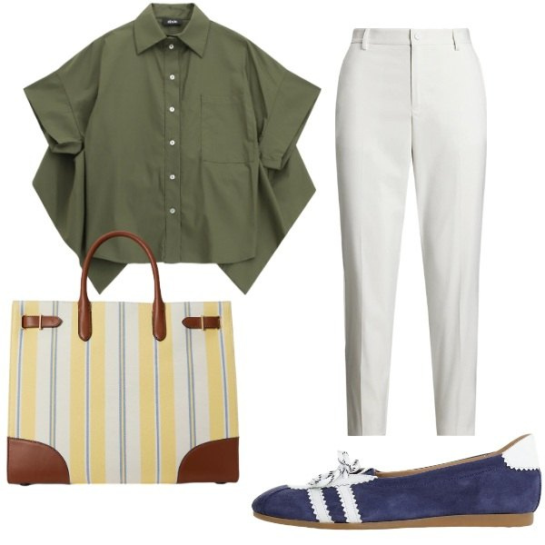 Outfit donna - Sporty chic. Stile Sporty chic per Tutti i giorni. Abbinamento con ballerine, camicie a manica corta, pantaloni, borse tote.