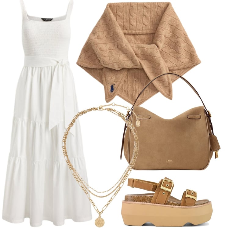 Outfit donna - Abito essenziale. Stile Casual per Tutti i giorni. Abbinamento con vestiti, sciarpe, borse a mano, ciondoli, sandali col tacco.
