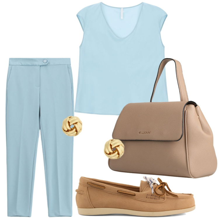 Outfit donna - Acquamarina in ufficio. Stile Urban per Ufficio. Abbinamento con zaini, top, pantaloni, orecchini, mocassini.