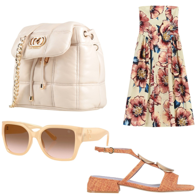 Outfit donna - Luglio country. Stile Vintage retrò per Tutti i giorni. Abbinamento con valigie, sandali in pelle, vestiti midi/longuette, occhiali da sole.
