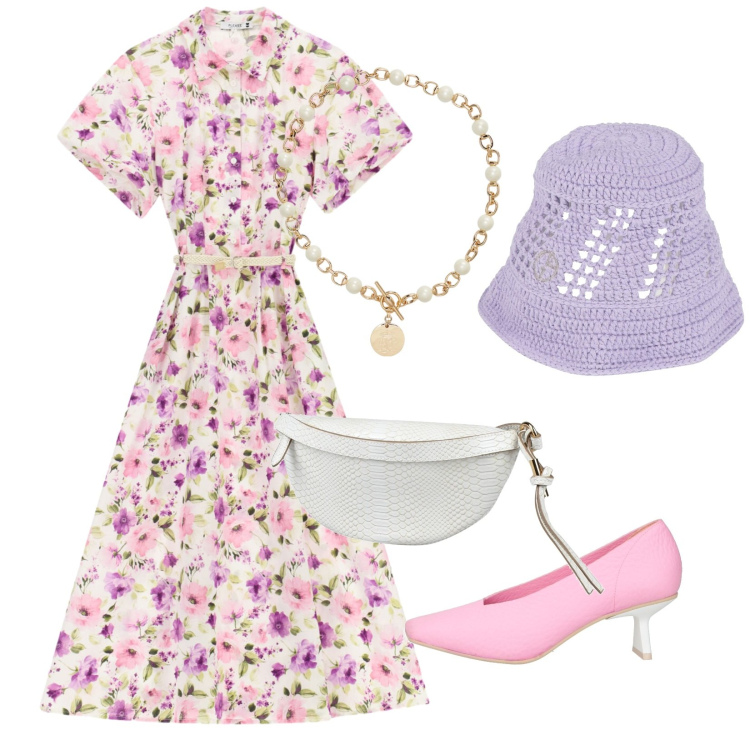 Outfit donna - Romantica. Stile Romantica per Tutti i giorni. Abbinamento con cappelli, décolleté, marsupi, vestiti midi/longuette, collane.