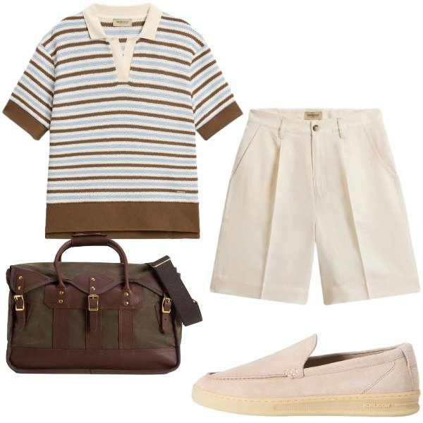 Outfit donna - Profumo di vacanze. Stile Casual chic per Tutti i giorni. Abbinamento con borse a tracolla, polo, mocassini, pantaloni corti.