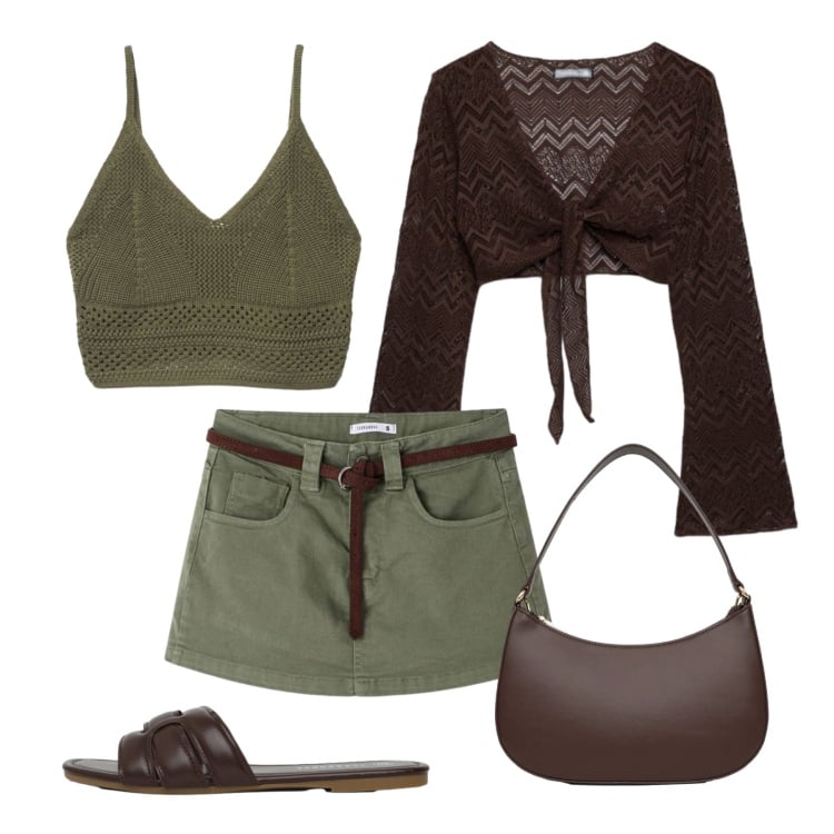 Outfit donna - La città Terranova a luglio. Stile Casual per Tutti i giorni. Abbinamento con minigonne, top, canottiere, borse a tracolla, ciabatte.