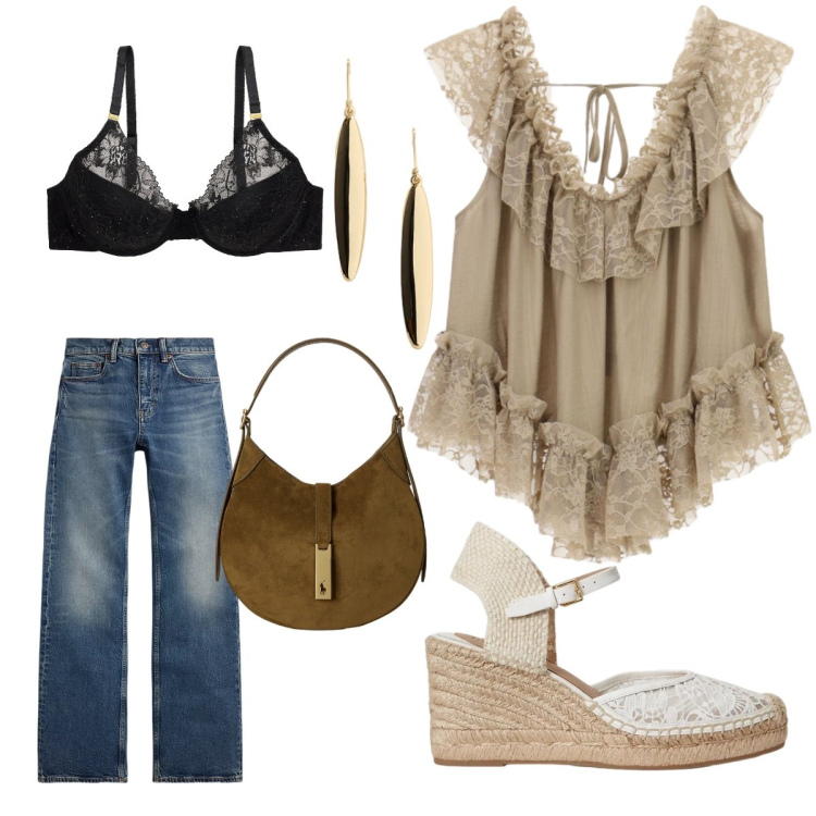 Outfit donna - Fancy dinner. Stile Boho per Serata fuori. Abbinamento con top, reggiseni, jeans bootcut, espadrillas, borse a spalla, orecchini.