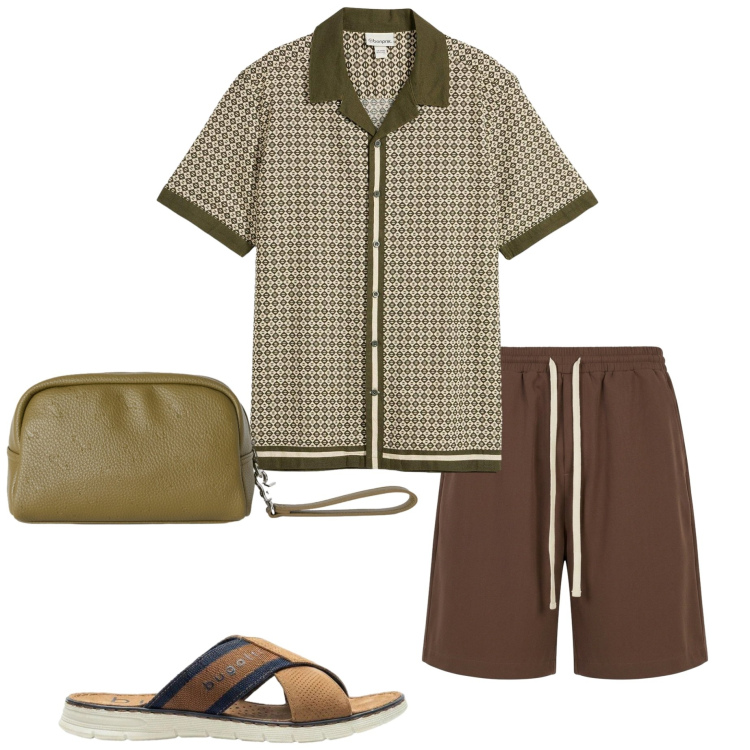 Outfit uomo - Estate bollente. Stile Casual per Mare. Abbinamento con camicie a manica corta, sandali, borse sportive, pantaloni corti.