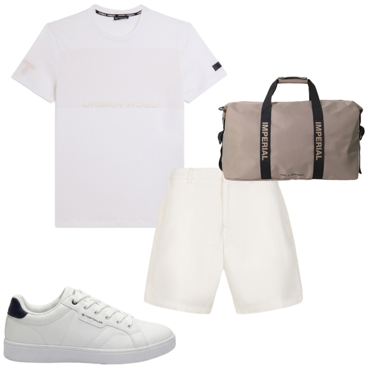 Outfit uomo - Verso il mare. Stile Casual per Mare. Abbinamento con sneakers, t-shirt, bermuda, borse sportive.