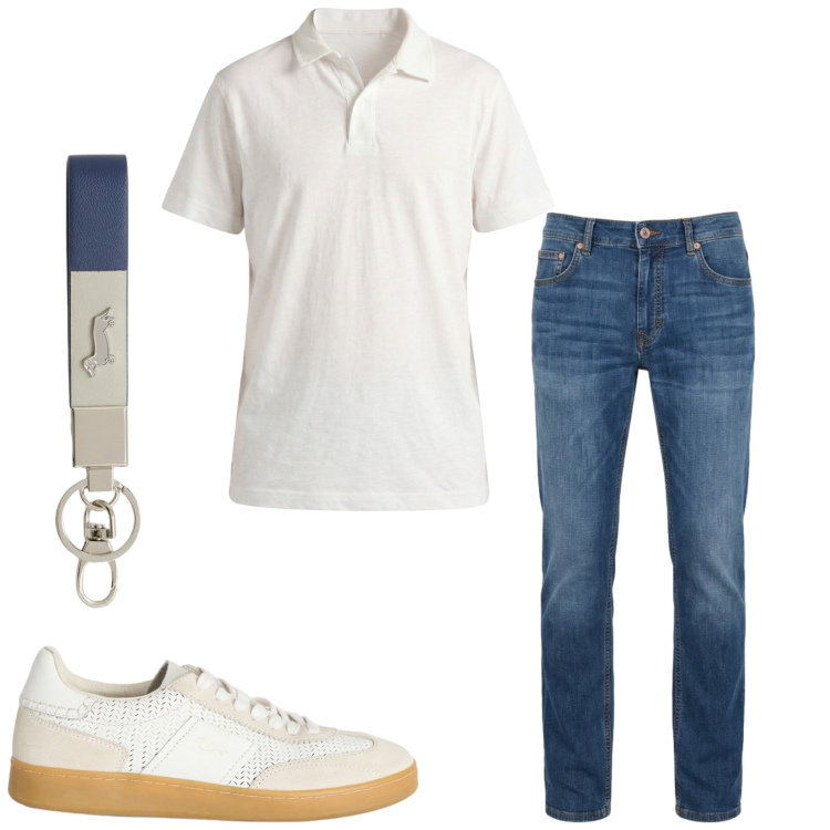 Outfit uomo - Casual in ufficio. Stile Casual per Ufficio. Abbinamento con sneakers, jeans, polo, portachiavi.