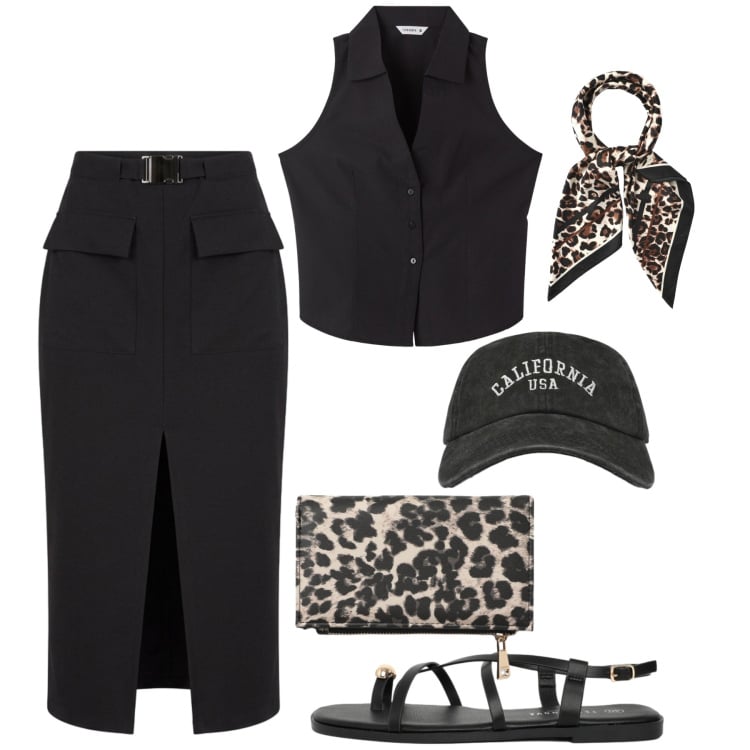 Outfit donna - Mix & Match Terranova. Stile Urban per Tutti i giorni. Abbinamento con foulard, cappelli con visiera, top, portafogli, gonne longuette, sandali.