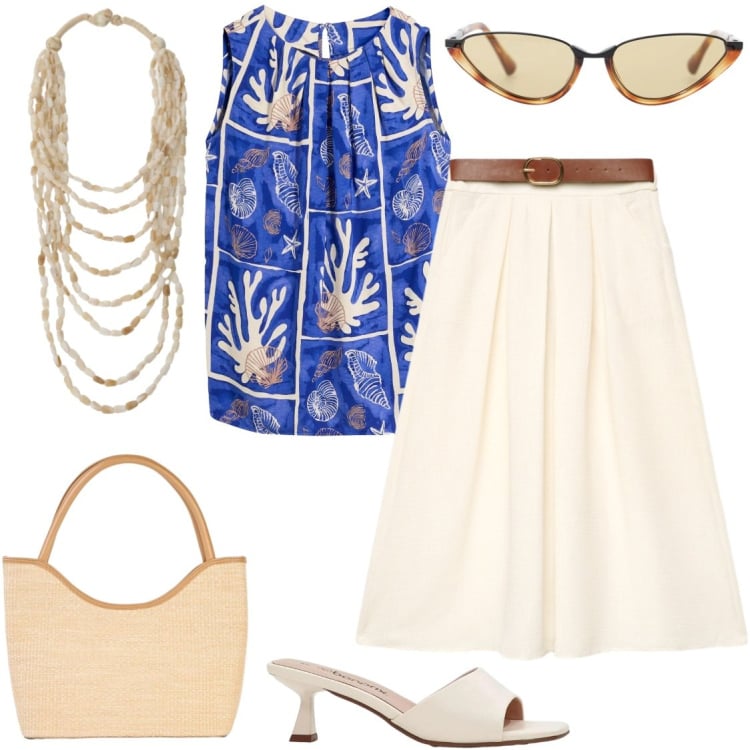 Outfit donna - Maxi gonna. Stile Vintage retrò per Tutti i giorni. Abbinamento con canottiere, sandali, shopping bag, gonne lunghe, occhiali da sole, collane.