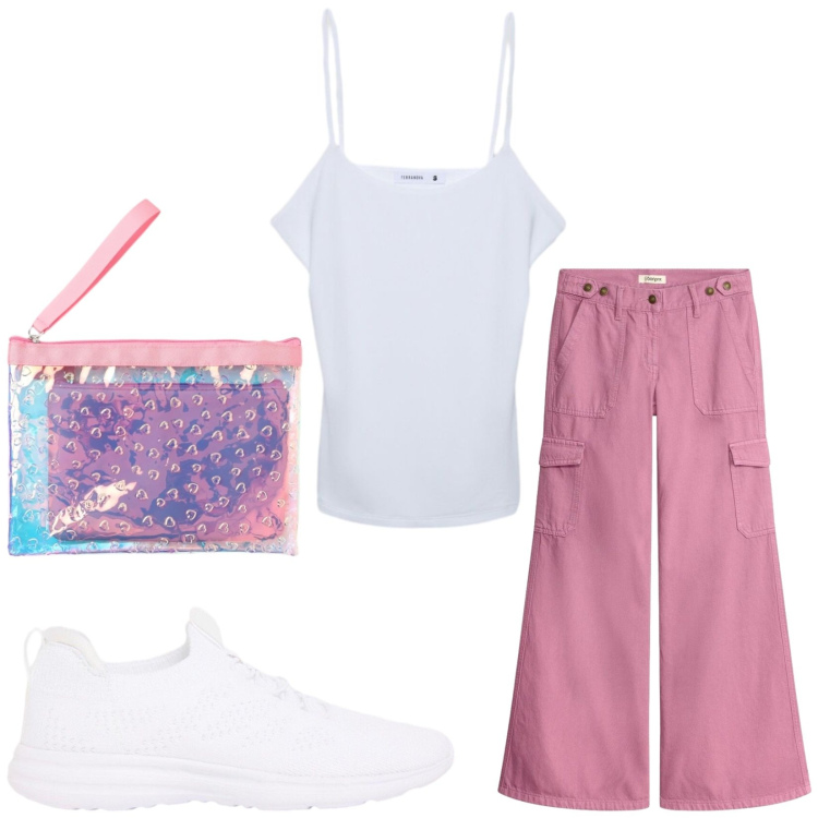 Outfit donna - Total look #2428698. Stile Sporty chic per Tutti i giorni. Abbinamento con pantaloni cargo, sneakers, pochette, canottiere.